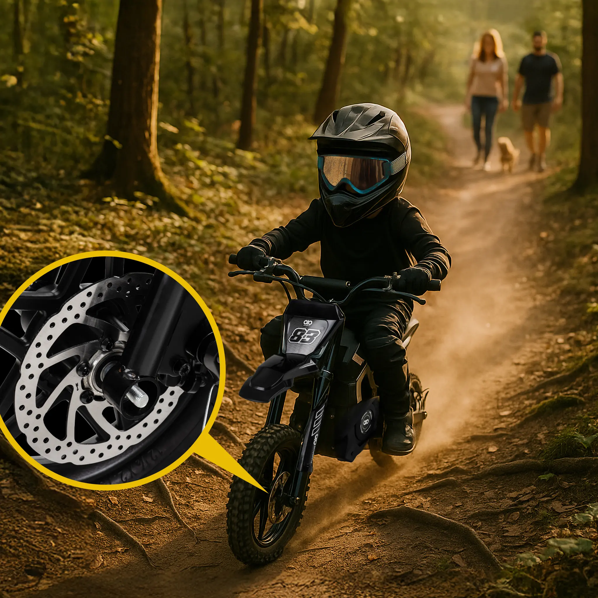 Scheibenbremsen vorne und hinten Kind fährt mit Crossbike Raider auf einem Waldweg, vergrößerte Scheibenbremsen